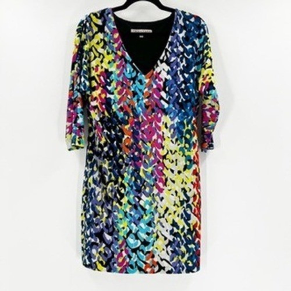 Trina Turk Women's Dress Size 2 Colorful Abstract Print V Neck 3/4 Sleeve